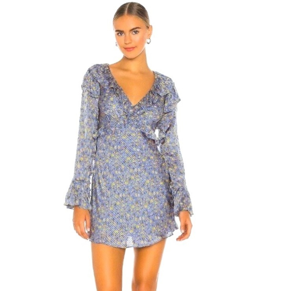 Free People Sweetest Thing Mini Dress Midnight Cowboy Blue Floral Ruffle Size 12 - Picture 10 of 15